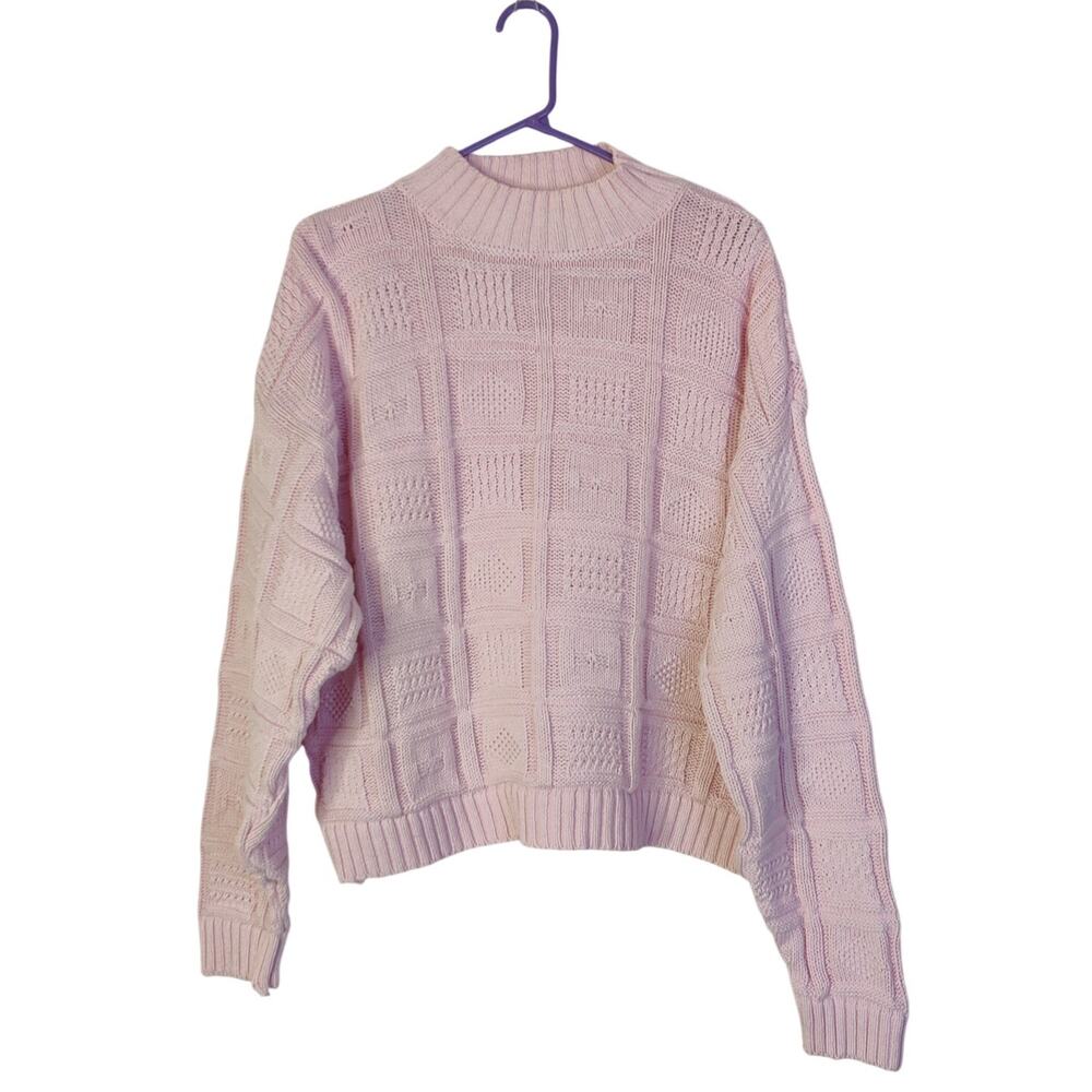 Vtg 90s Gap Textured Checkered Knit Cotton Mock Neck Sweater Baby Pink Large